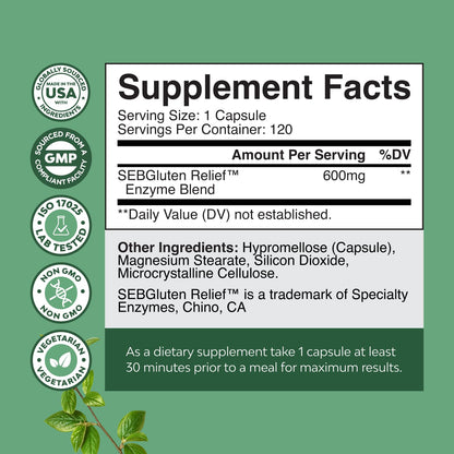 Natures Craft Gluten Digestive Enzymes – Fast Acting Debloat Support, 120 Count