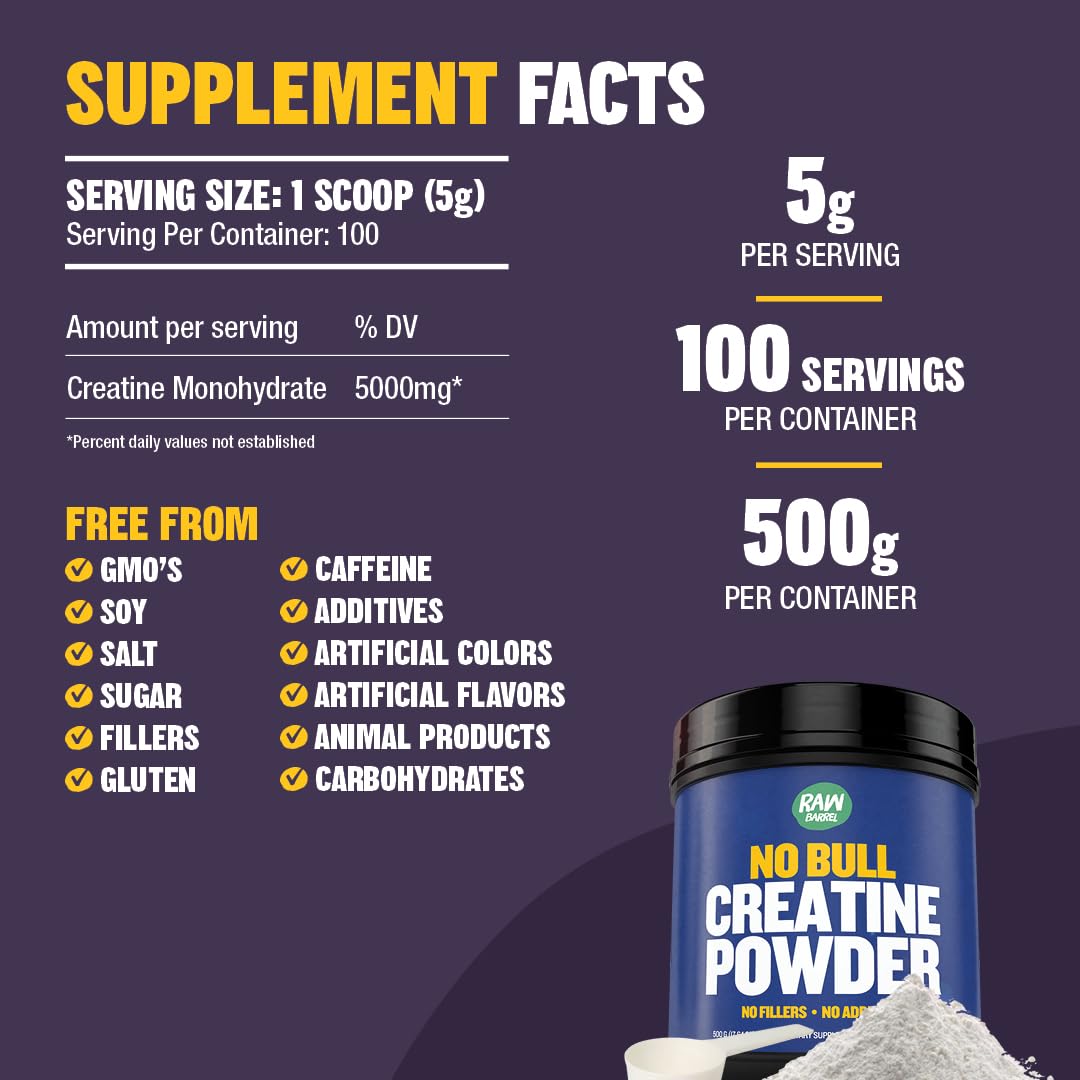 Raw Barrel No Bull Creatine Powder 500g | Monohydrate Creatine for Fast Recovery, Strength & Muscle