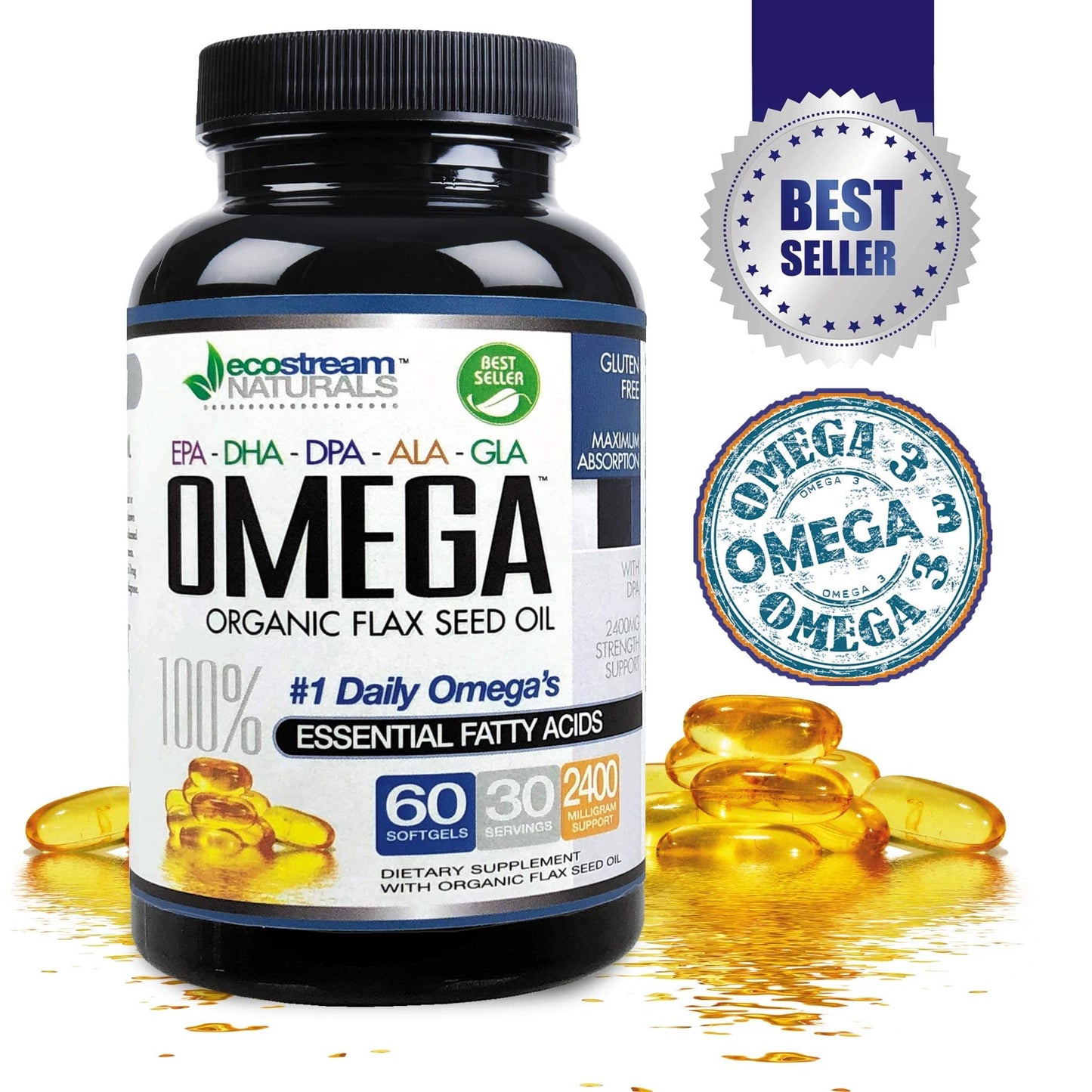 Omega 3-6-9 Blend with DPA, EPA, DHA, ALA & GLA + Organic Flax Seed Oil | Gluten Free 2x60 SoftGels