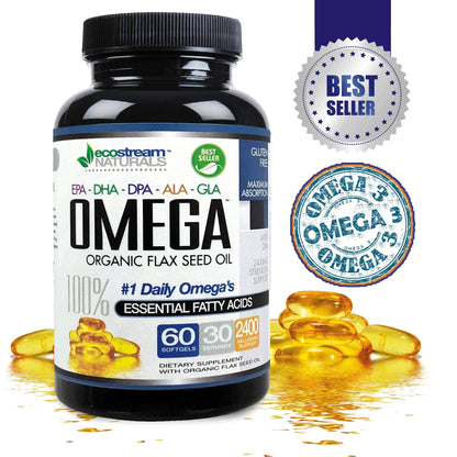 Omega 3-6-9 Blend with DPA, EPA, DHA, ALA & GLA + Organic Flax Seed Oil | Gluten Free 2x60 SoftGels