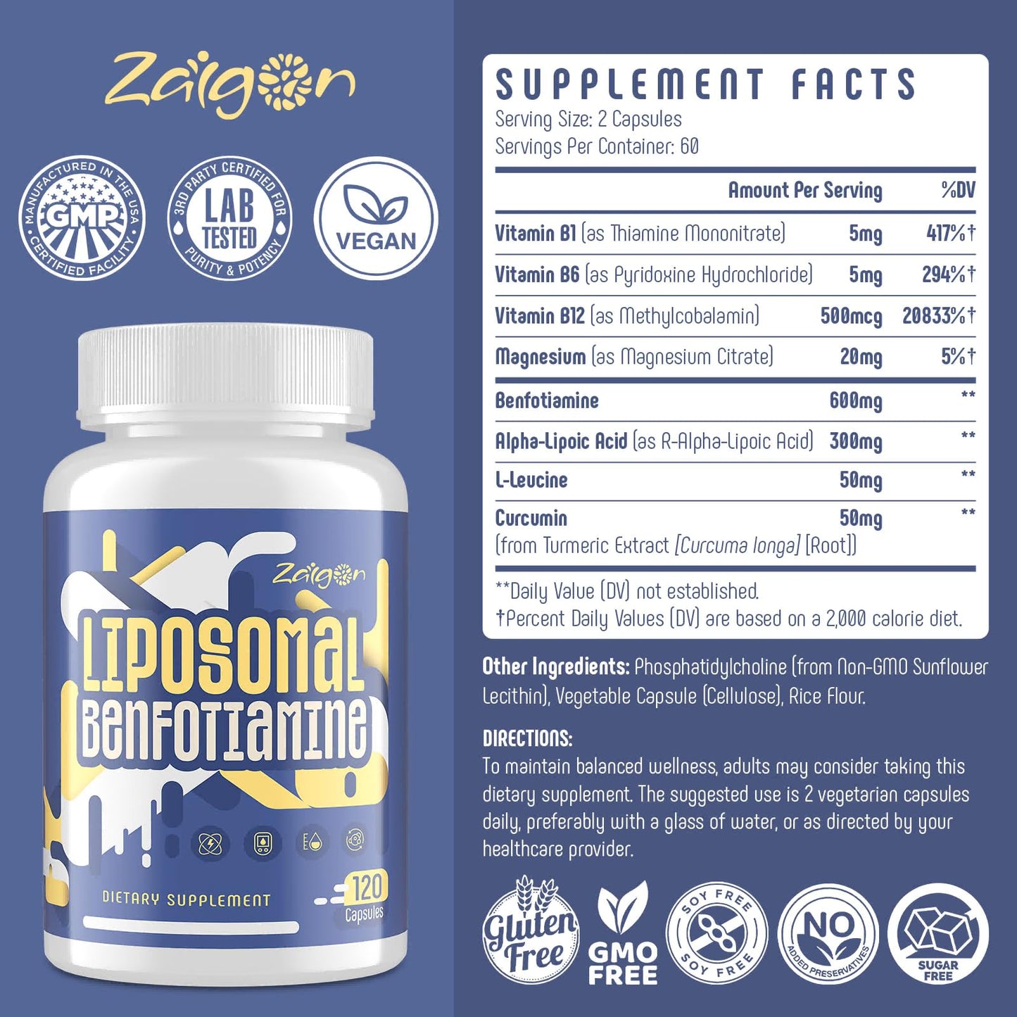 Zaigon Benfotiamine 600mg Vitamin B1 Supplement | Gluten Free