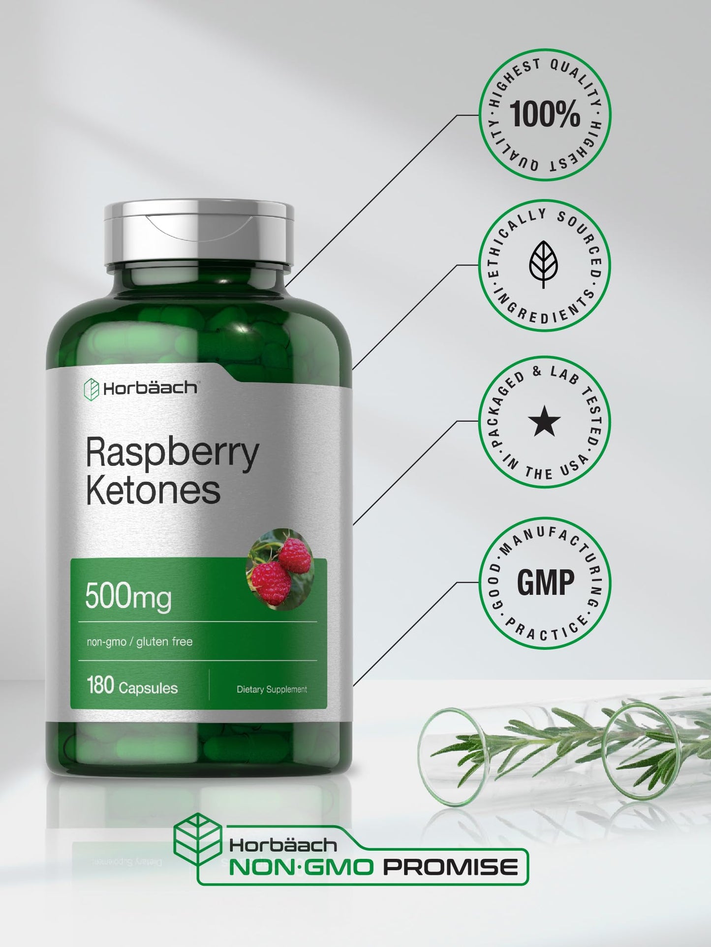 Horbäach Raspberry Ketones | 500mg – 180 Capsules | Non-GMO & Gluten Free Pills