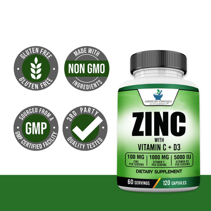 American Standard Zinc 100mg, Vitamin C 1000mg & Vitamin D3 5000 IU – 120 Capsules (Pack of 2)