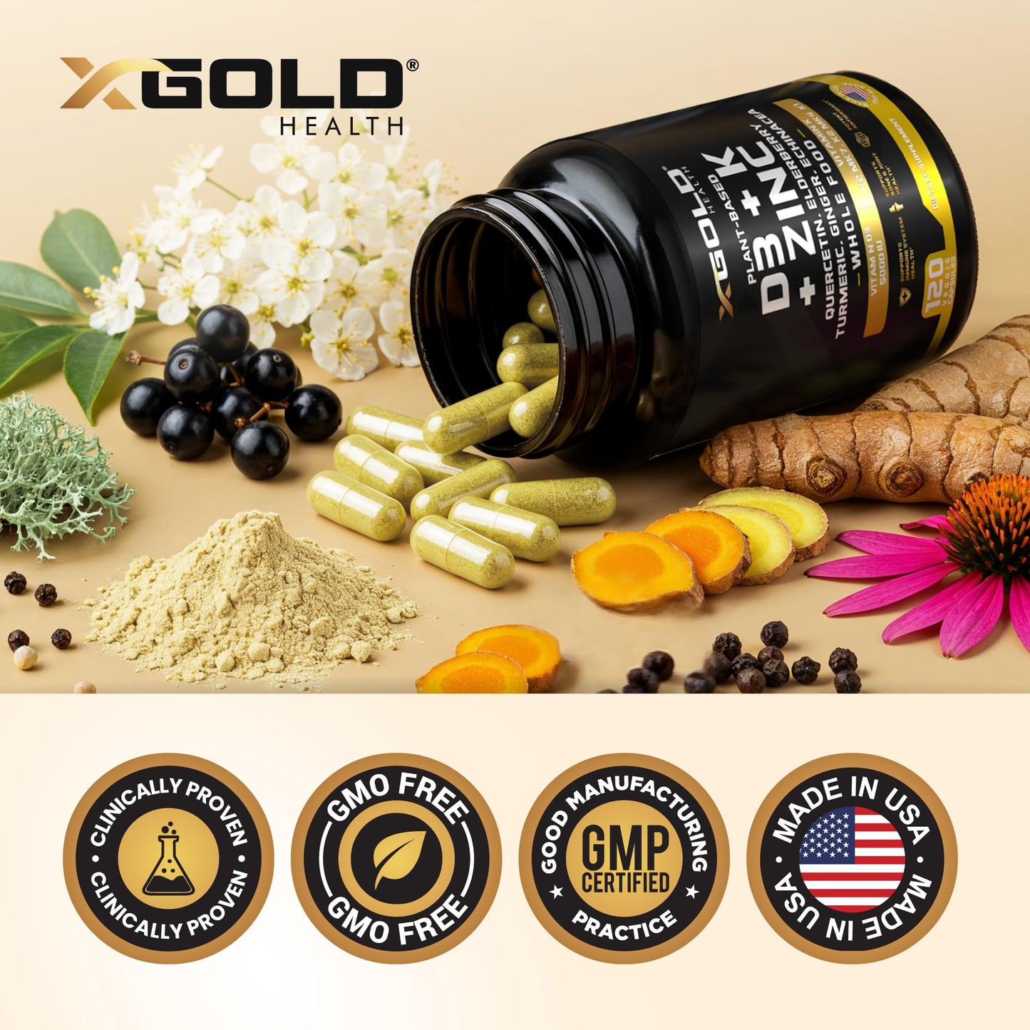 Vitamin D3 5000 IU + K2 MK7/MK4/K1, Zinc, Quercetin, Elderberry, Turmeric & Echinacea – 8-in-1 Plant-Based (120 capsules)