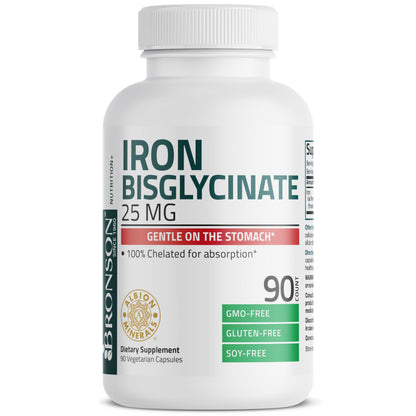 Bronson Iron Bisglycinate 25 mg – Gentle on the Stomach, 90 Vegetarian Capsules
