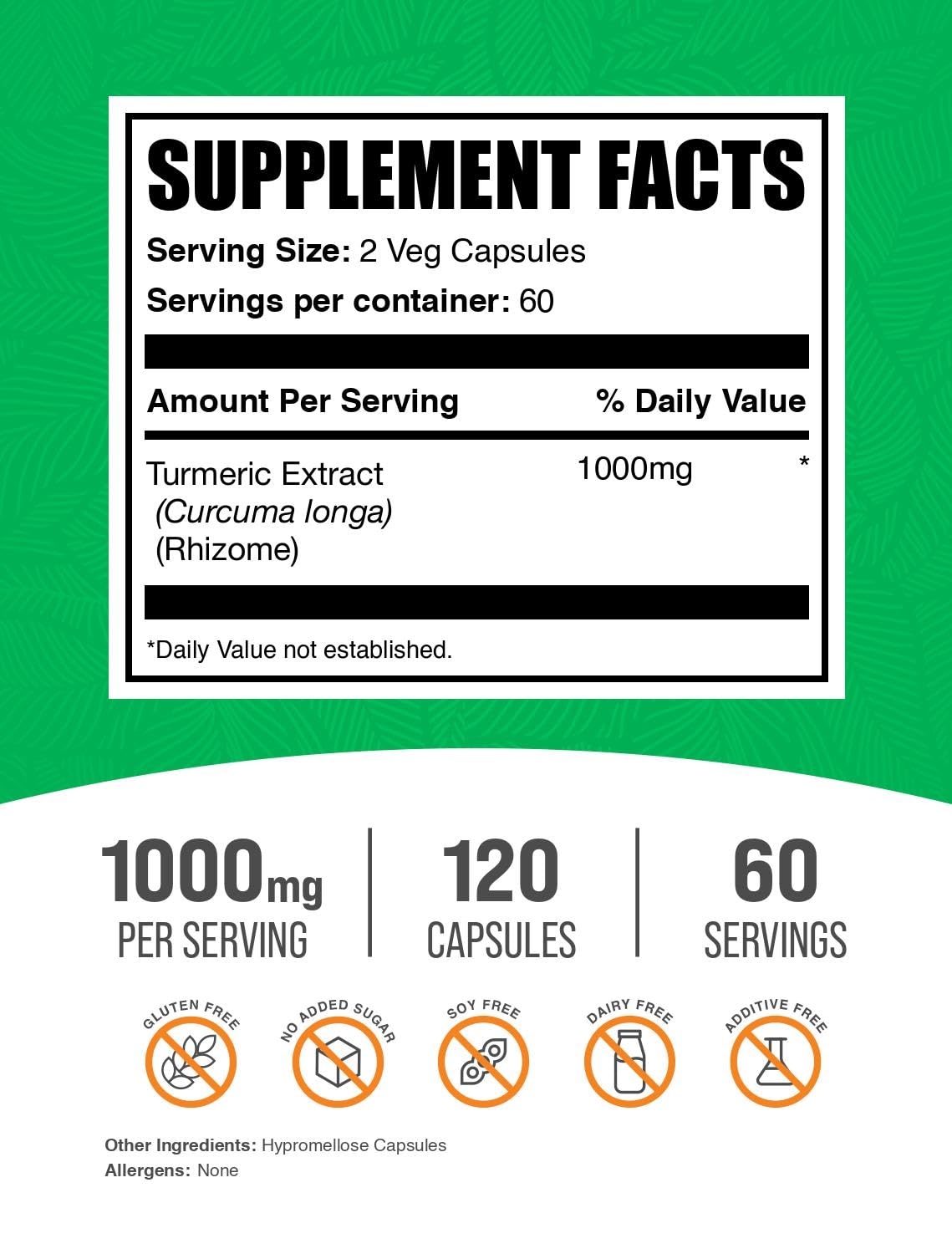 Turmeric Extract Capsules 1000mg – 120 Veg Caps, Gluten Free | BulkSupplements