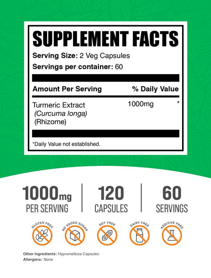 Turmeric Extract Capsules 1000mg – 120 Veg Caps, Gluten Free | BulkSupplements