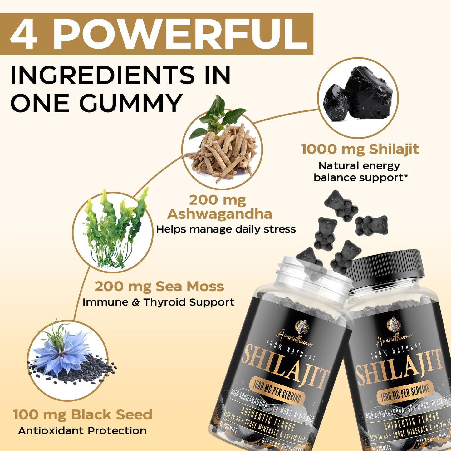 1500MG Shilajit Gummies – 4-in-1 with Ashwagandha, Sea Moss, Black Seed | 120 Gummies