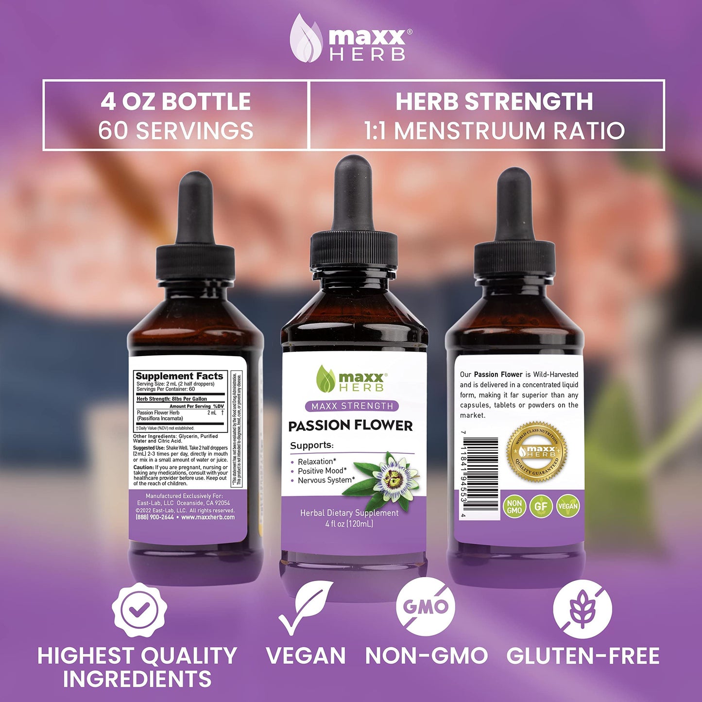 Maxx Herb Passion Flower Extract - Max Strength Liquid for Relaxation & Stress Relief (4 oz)