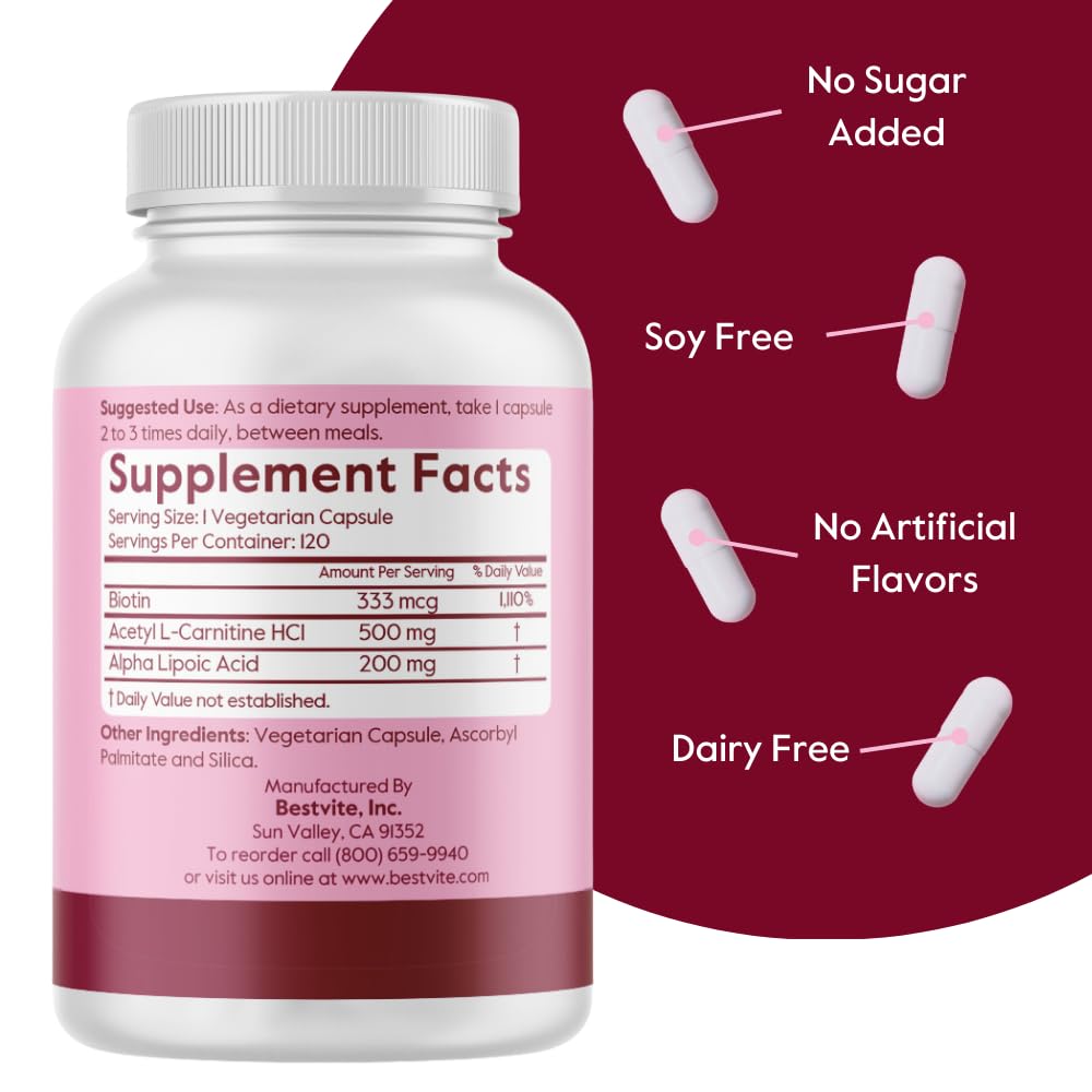 BESTVITE Acetyl L-Carnitine 500mg & Alpha Lipoic Acid 200mg per Capsule with Biotin (120 Vegetarian Capsules) - No Stearates - Vegan - Non GMO - Gluten Free