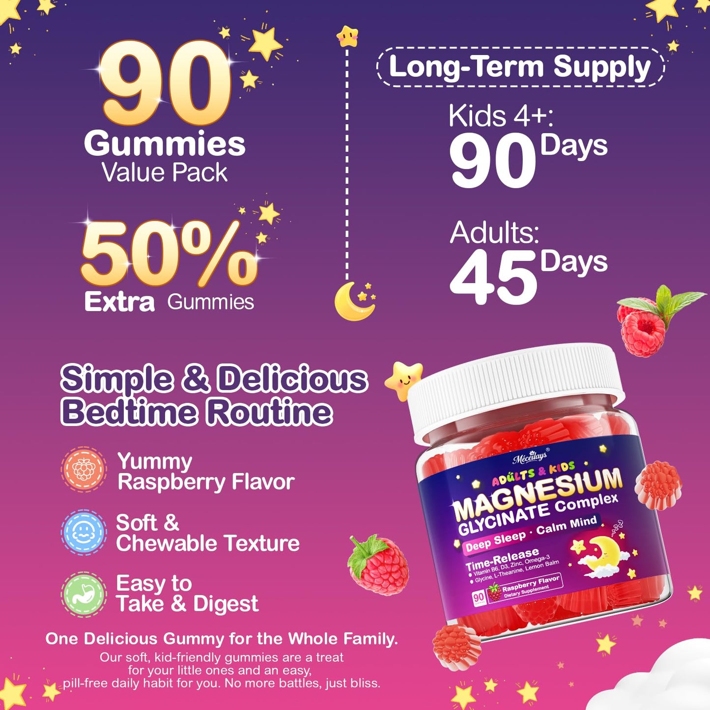 90-Count Magnesium Glycinate Gummies for Sleep & Calm – Raspberry, Sugar-Free, Vegan