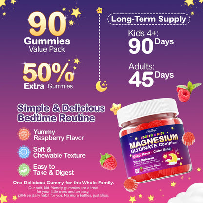 90-Count Magnesium Glycinate Gummies for Sleep & Calm – Raspberry, Sugar-Free, Vegan