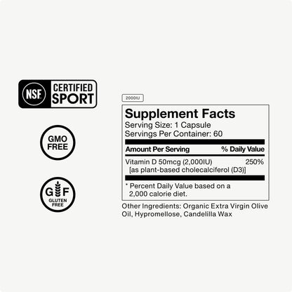 Momentous Vitamin D3 Supplement - 2,000 IU Capsules for Foundational Health Support - NSF Certified for Sport - Gluten-Free - 60 Servings