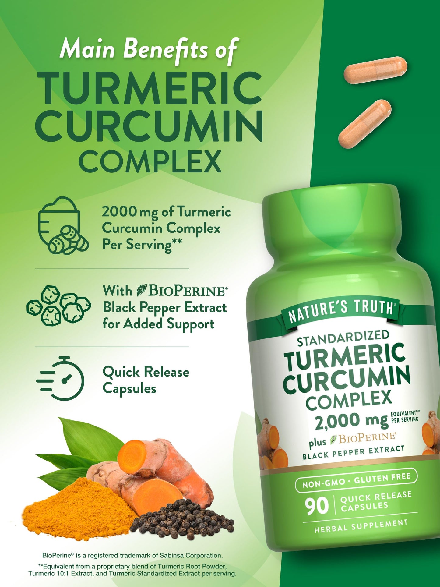 Nature's Truth Turmeric Curcumin Capsules | 2000mg | 90 Count | 95% Standardized Curcuminoids + Bioperine | Non-GMO & Gluten Free