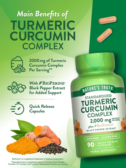 Nature's Truth Turmeric Curcumin Capsules | 2000mg | 90 Count | 95% Standardized Curcuminoids + Bioperine | Non-GMO & Gluten Free