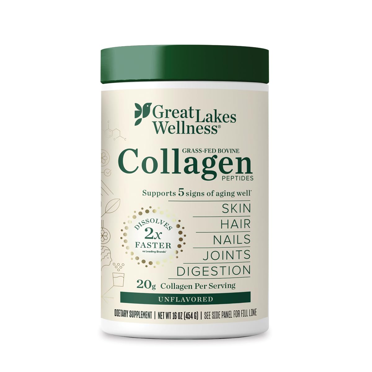 Great Lakes Wellness Collagen Peptides Powder – Skin, Hair, Nails & Digestion | Unflavored | 22 Servings