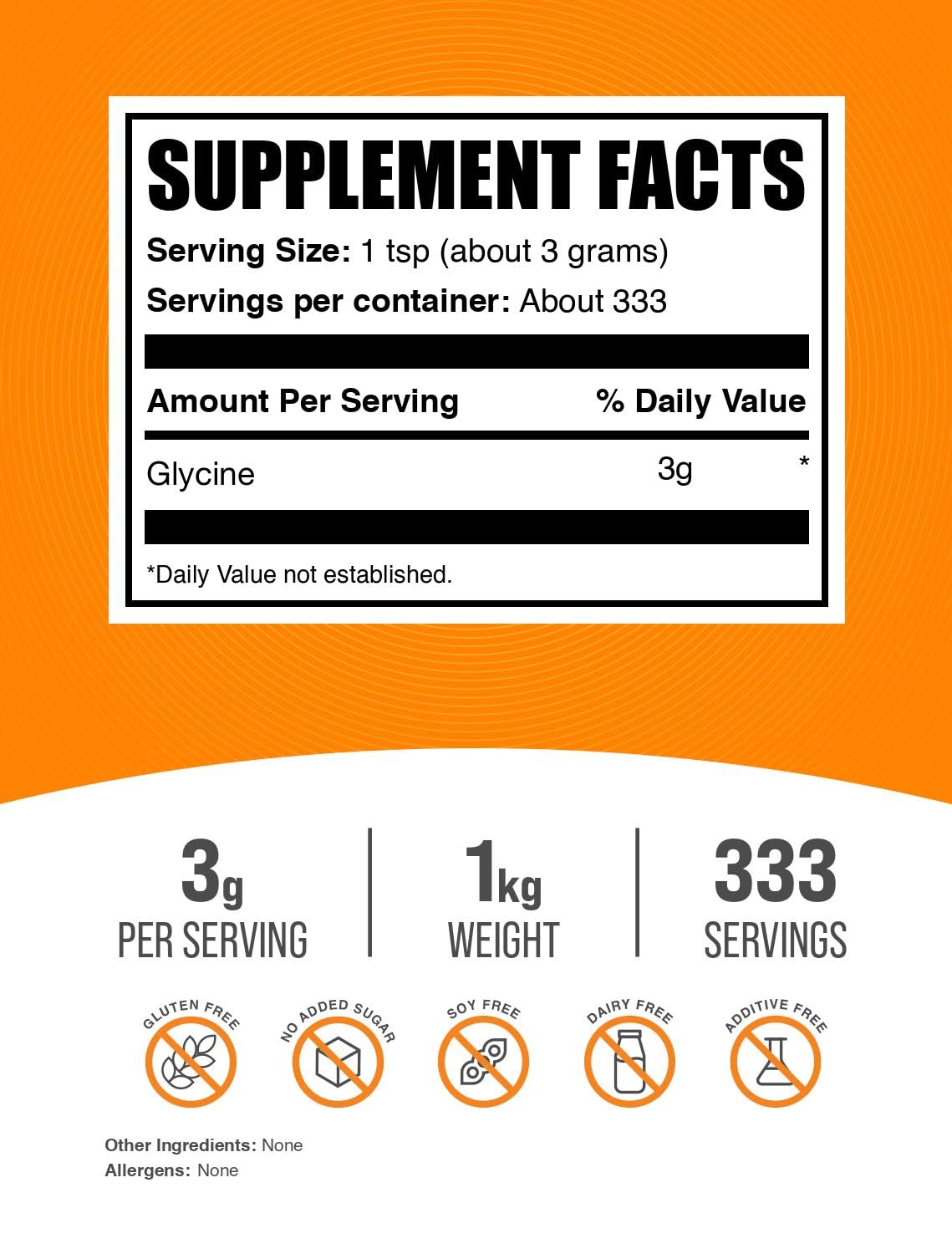 Glycine Powder - Unflavored, Gluten Free | BulkSupplements.com 1kg (2.2 lbs)