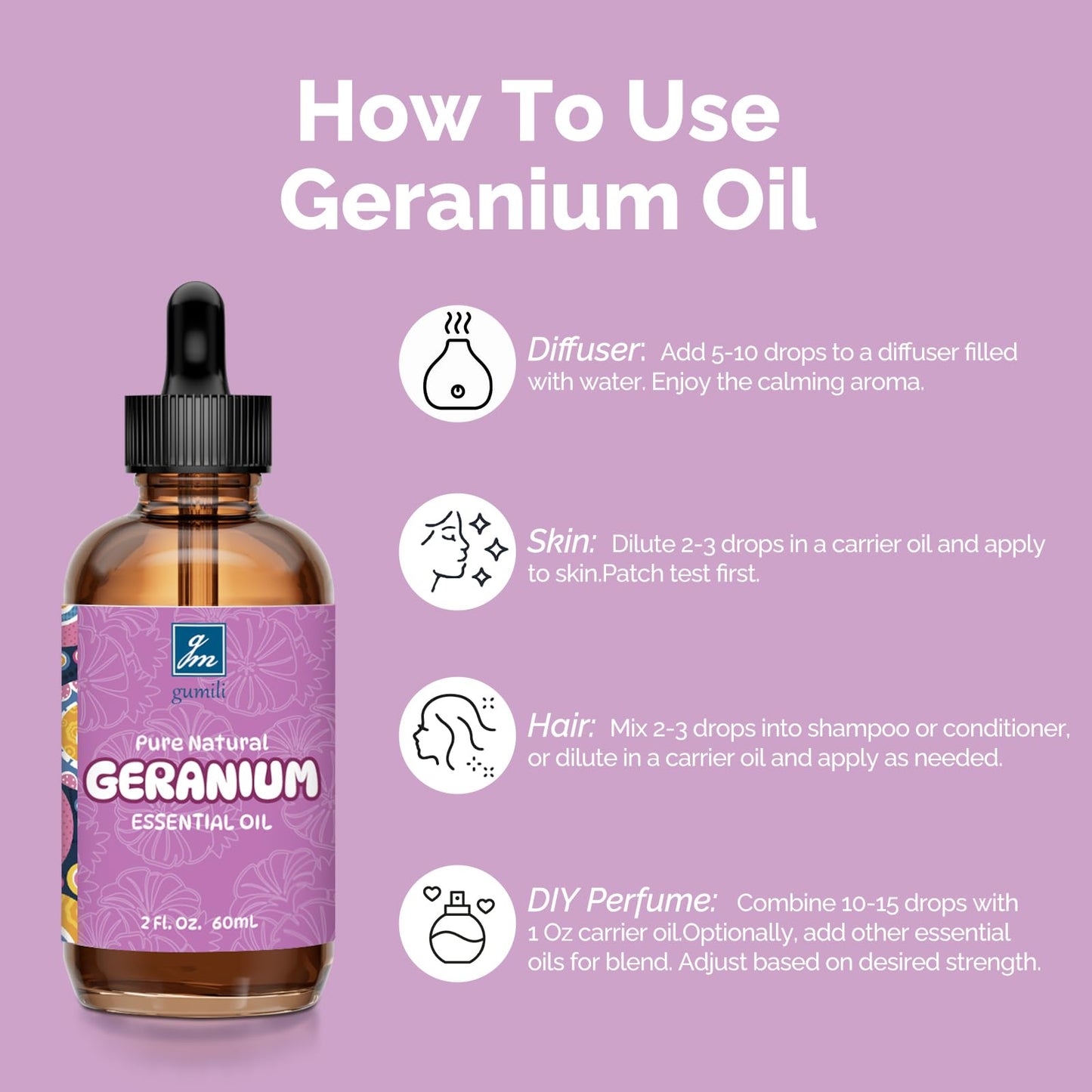 GM Gumili Geranium Essential Oil 2 Oz – Pure Geranium for Skin, Hair & Diffuser