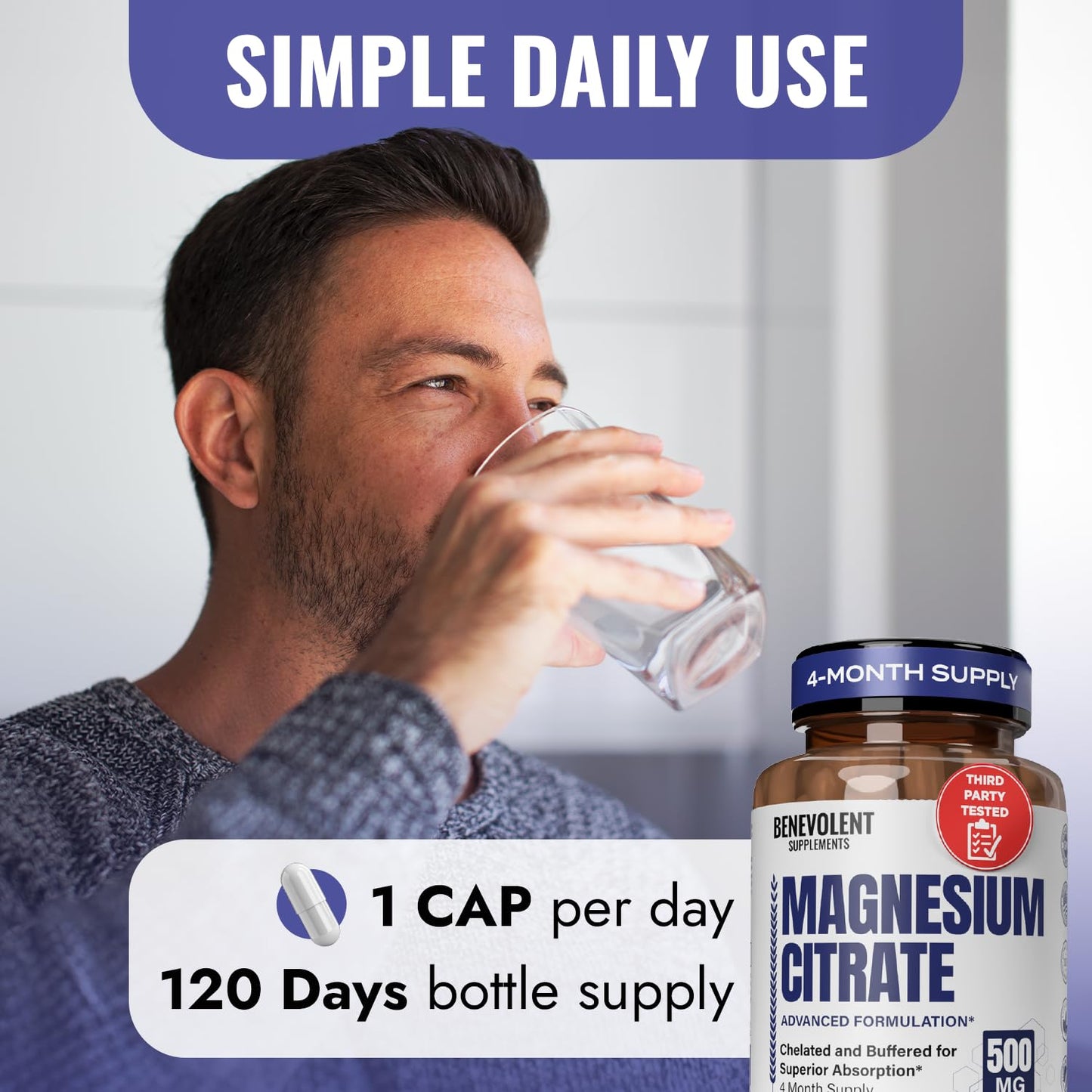 Benevolent Magnesium Citrate 500mg Capsules – Chelated & Buffered, 120 Veggie Caps