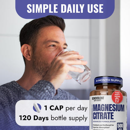 Benevolent Magnesium Citrate 500mg Capsules – Chelated & Buffered, 120 Veggie Caps