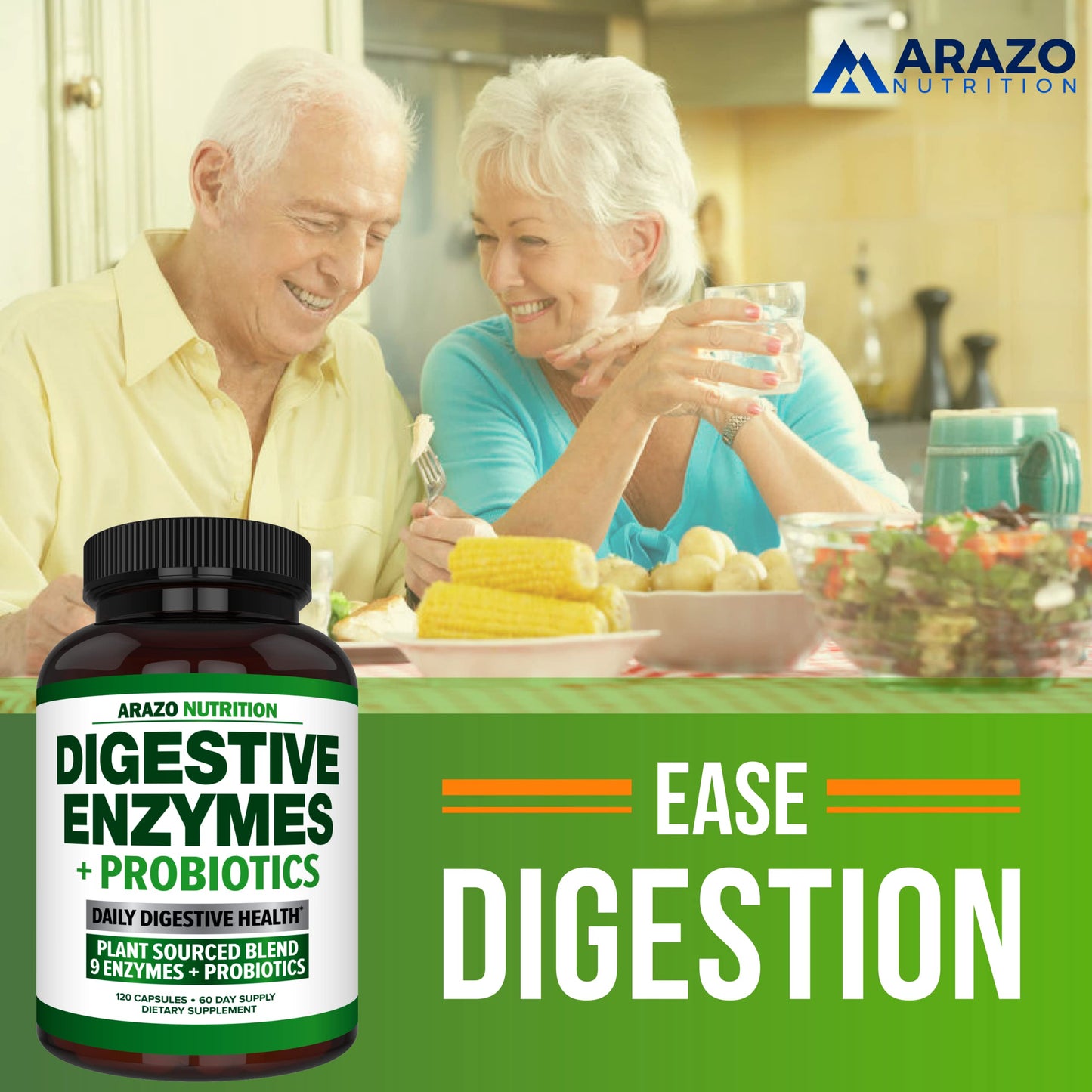 Arazo Nutrition Digestive Enzymes with Probiotics – Multi-Enzyme Digestive Supplement (120 Pills x 2 Pack)