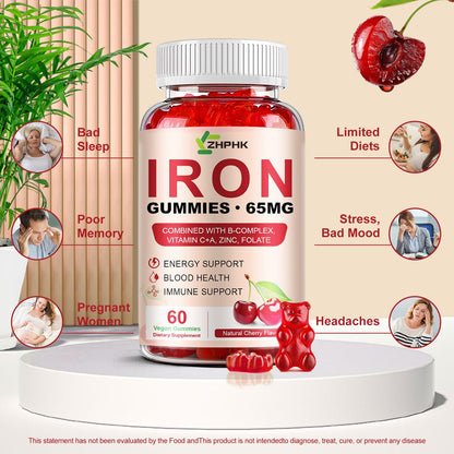 Iron Gummies 65mg Iron + Vitamin C 250mg | For Women, Men & Kids – Cherry (60 Count)