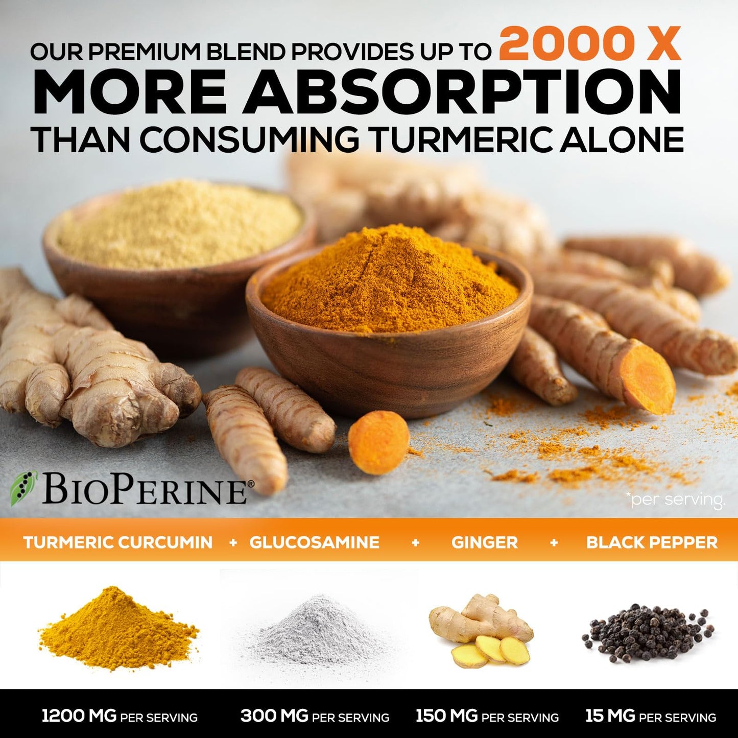 Turmeric Curcumin 2000mg with Glucosamine & Ginger – BioPerine, 240 capsules, USA Made