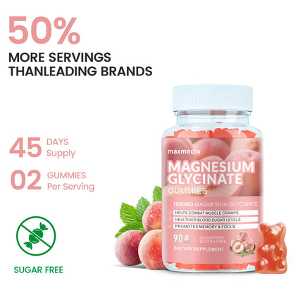 Magnesium Glycinate Gummies 1000mg – Sugar Free Potassium Magnesium Chewables for Sleep & Relaxation | 90 Peach Gummies