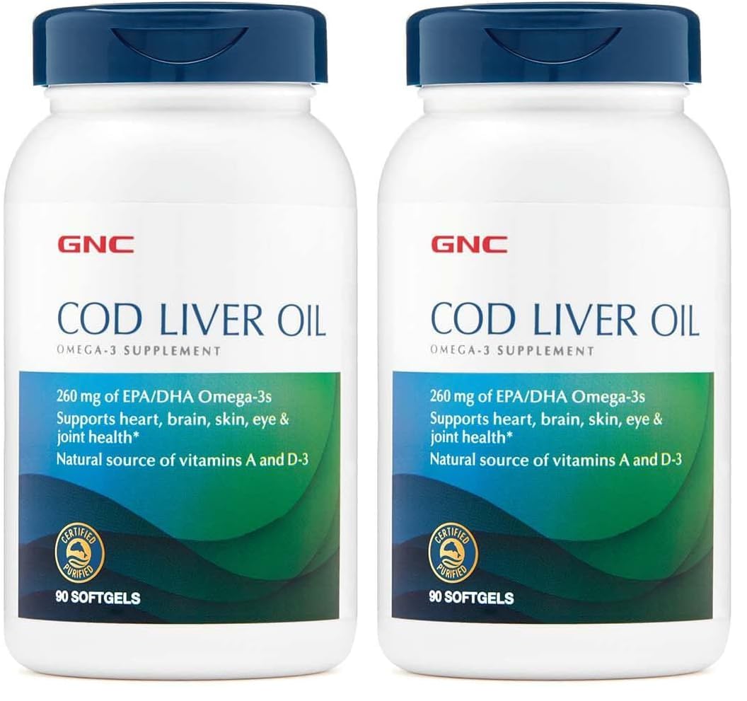 GNC Cod Liver Oil Omega-3 260mg EPA/DHA – Supports Heart, Brain, Skin, Eyes & Joints (90 Softgels x2)