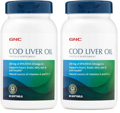 GNC Cod Liver Oil Omega-3 260mg EPA/DHA – Supports Heart, Brain, Skin, Eyes & Joints (90 Softgels x2)