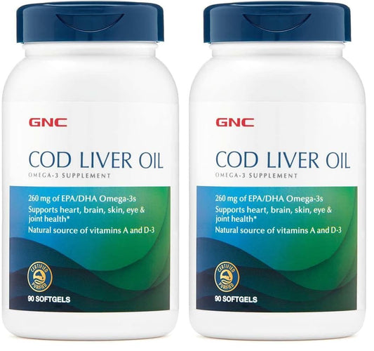 GNC Cod Liver Oil Omega-3 260mg EPA/DHA – Supports Heart, Brain, Skin, Eyes & Joints (90 Softgels x2)