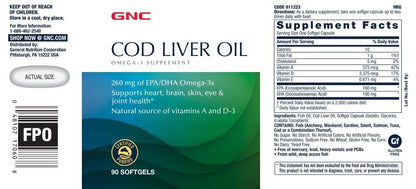 GNC Cod Liver Oil Omega-3 260mg EPA/DHA – Supports Heart, Brain, Skin, Eyes & Joints (90 Softgels x2)