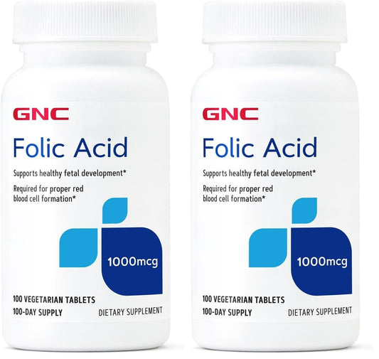 GNC Folic Acid 1000mcg – Supports Healthy Fetal Development | Vegetarian Formula | 100 Count (Pack of 2)