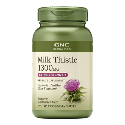 GNC Herbal Plus Milk Thistle 1300mg Supplement — Extra Strength Vegetarian Liver Support, 120 Servings