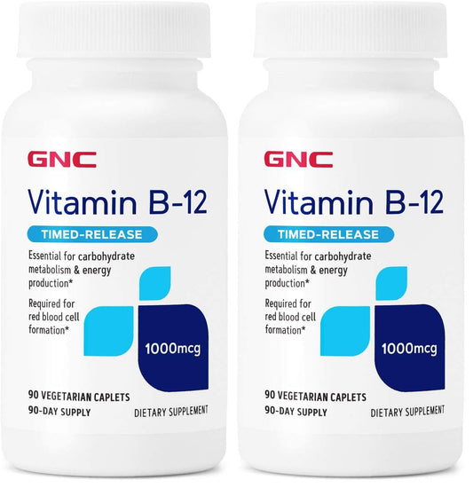 GNC Vitamin B-12 1000mcg - 90 Vegetarian Caplets (Pack of 2) | Supports Energy Production