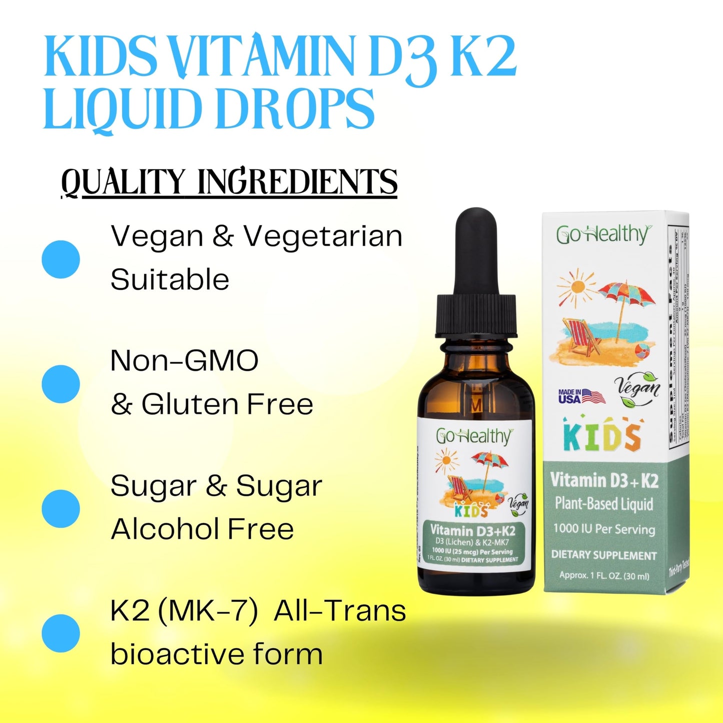 Go Healthy Kids D3 K2 MK-7 – Vanilla Liquid Drops for Kids, 30 Servings
