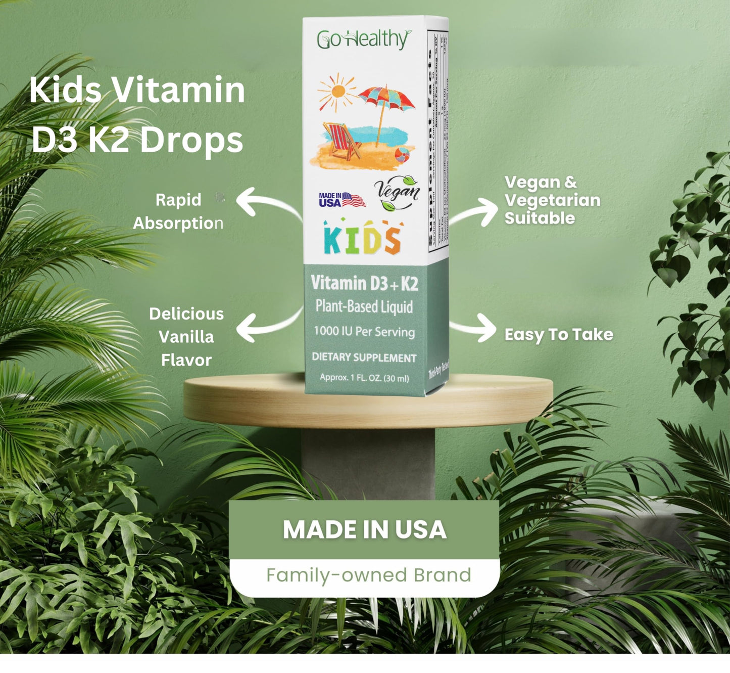Go Healthy Kids D3 K2 MK-7 – Vanilla Liquid Drops for Kids, 30 Servings