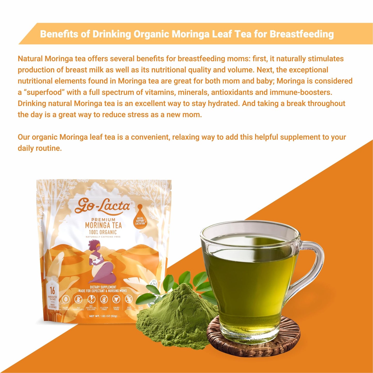 Go-Lacta Organic Moringa Tea – Lactation Support (Caffeine-Free)