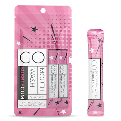 Go Mouthwash Packets Bubblegum - Fluoride Free, Alcohol Free, Dye Free, Xylitol | Bulk Mouthwash for Lunch Boxes & Travel