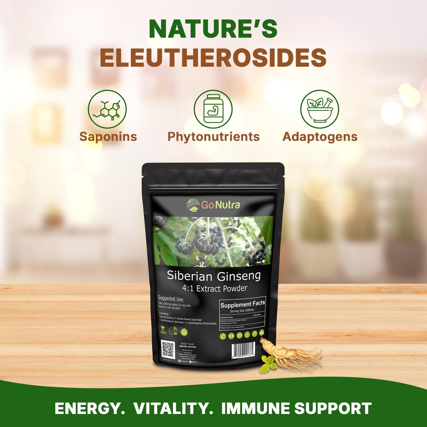 Go Nutra Siberian Ginseng - Eleuthero Root Powder 4:1 Extract, 1lb