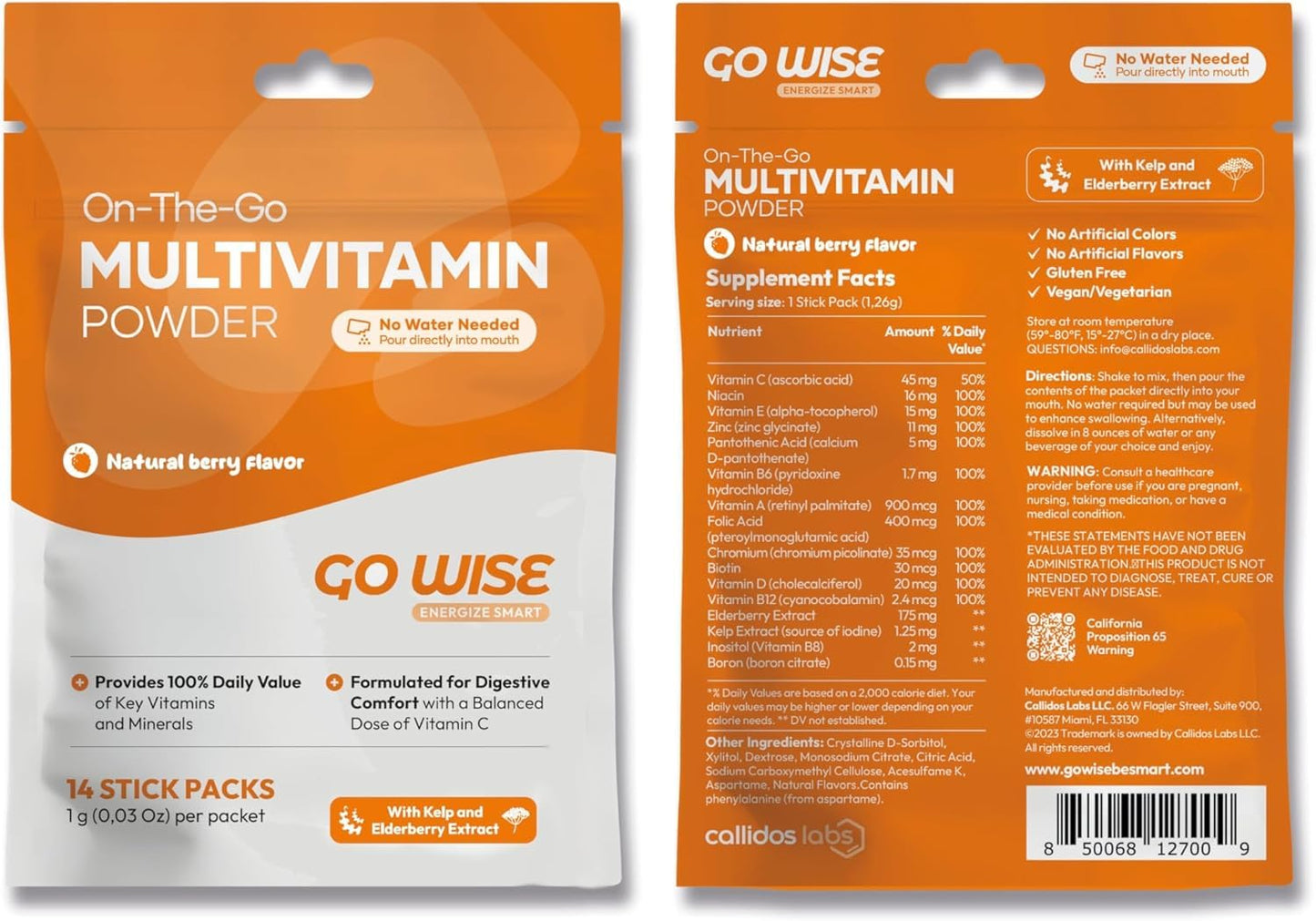 Go Wise On The Go Multivitamin Powder - Natural Berry (Pack of 3) | 14 Travel Sticks