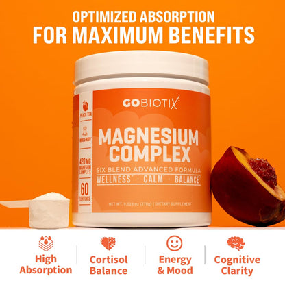 GoBiotix Magnesium Glycinate Powder – 420 mg, High Absorption Complex, Peach Tea, 60 Servings