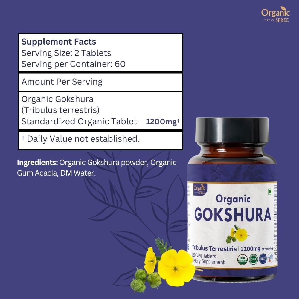 ORGANIC SPREE Gokshura 120 Tablets | Tribulus Terrestris | USDA Organic Certified | Supports Immunity & Strength | Pack of 3