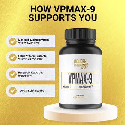 Golden After 50 VpMax-9: Sight Care Eye Vitamins with Lutein, Bilberry & Lycopene – 3 Bottles