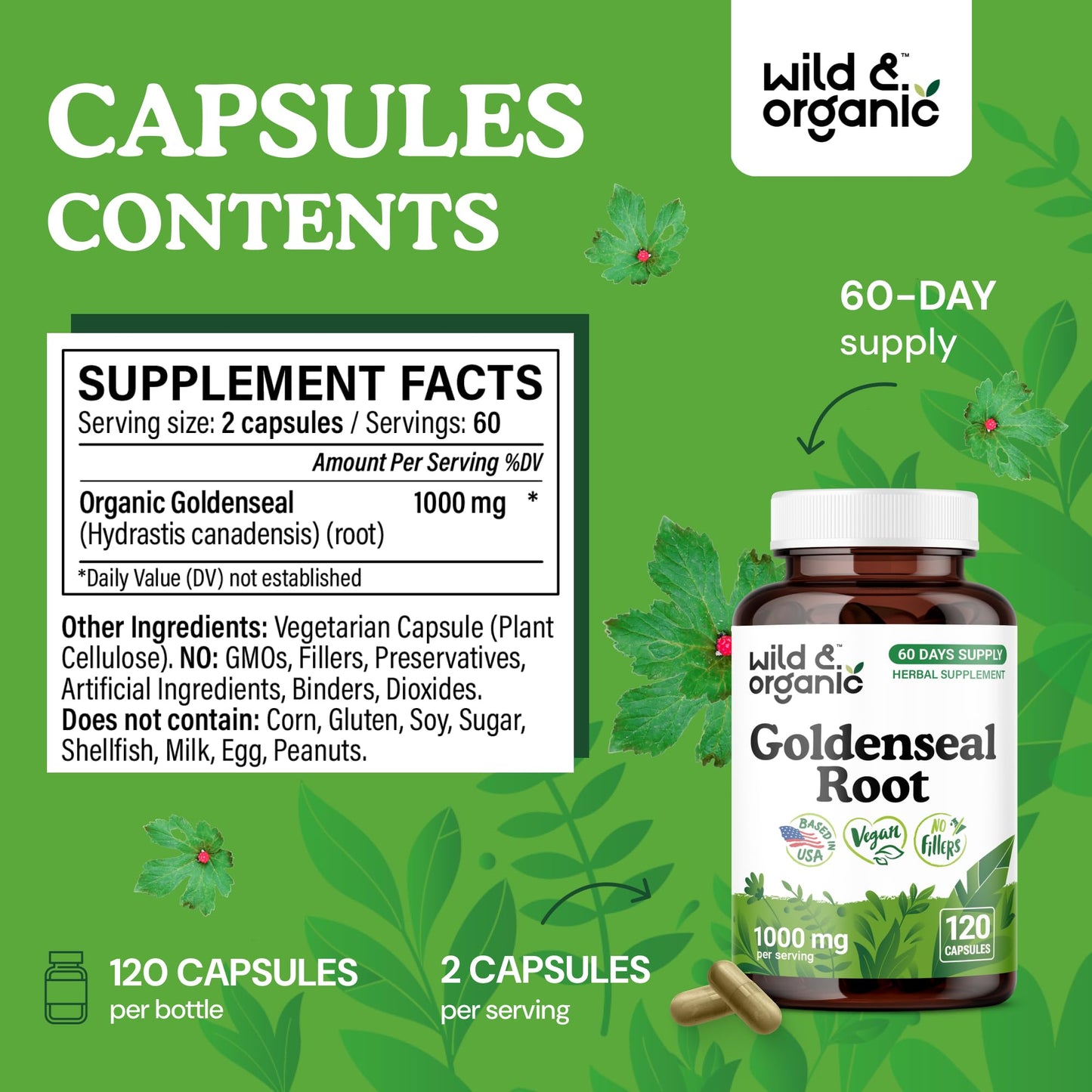 Wild & Organic Goldenseal Root Capsules 1000mg - Immune & Lung Support - 120 Goldenseal Powder Capsules - 2 Month Supply - Vegan, No Fillers, Non-GMO