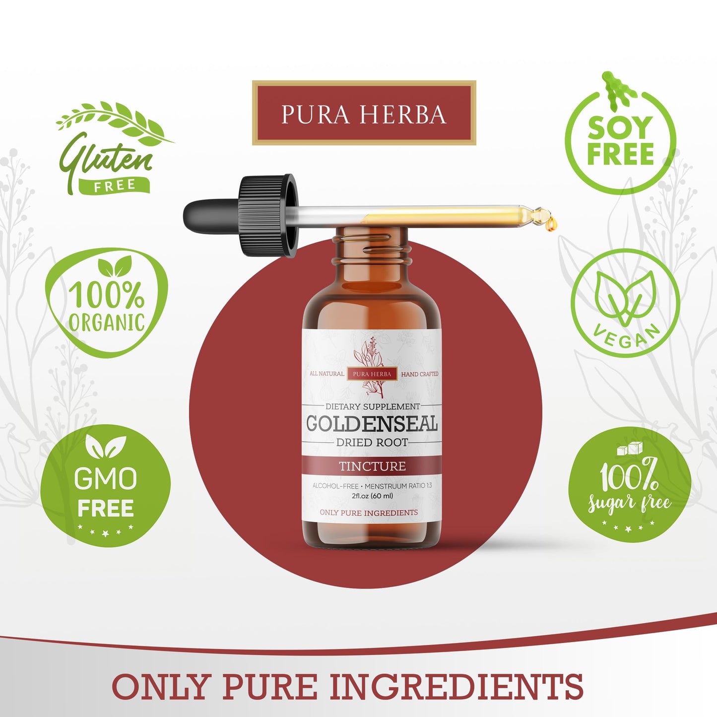 Pura Herba Goldenseal Tincture – Alcohol-Free Herbal Extract | USA-Made 2 oz (60 ml)