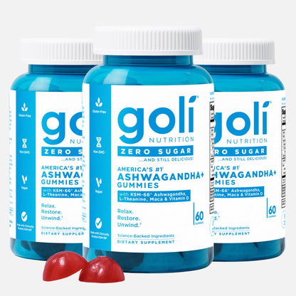 Goli Zero Sugar Ashwagandha Gummies – 3 Pack, 180 Count | KSM-66, L-Theanine, Maca, Vitamin D | Vegan, Keto