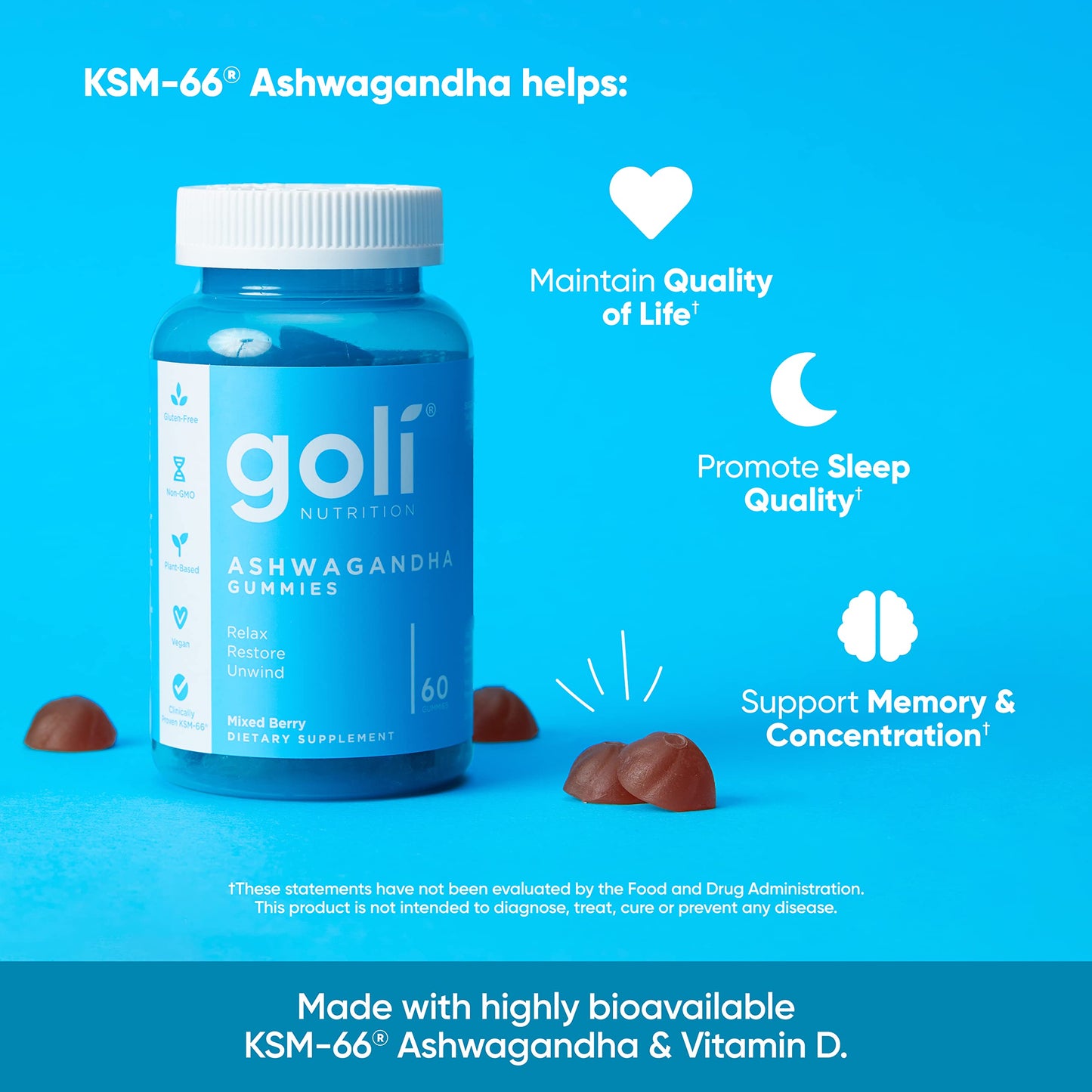 Goli Ashwagandha & Vitamin D Gummies – 180 Count, Mixed Berry, Vegan, Pack of 3