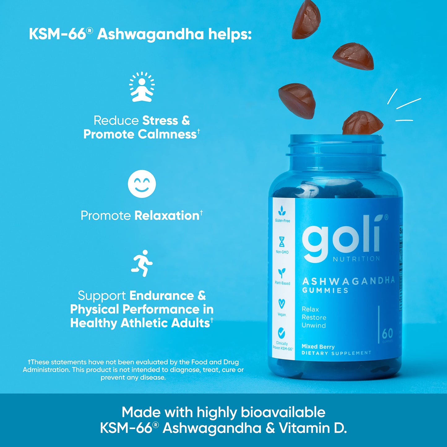 Goli Ashwagandha & Vitamin D Gummies – 180 Count, Mixed Berry, Vegan, Pack of 3
