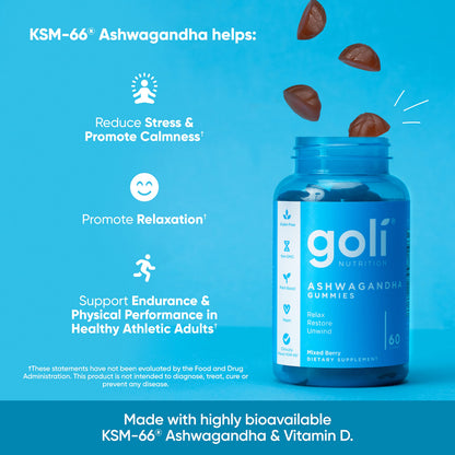 Goli Ashwagandha & Vitamin D Gummies – 180 Count, Mixed Berry, Vegan, Pack of 3